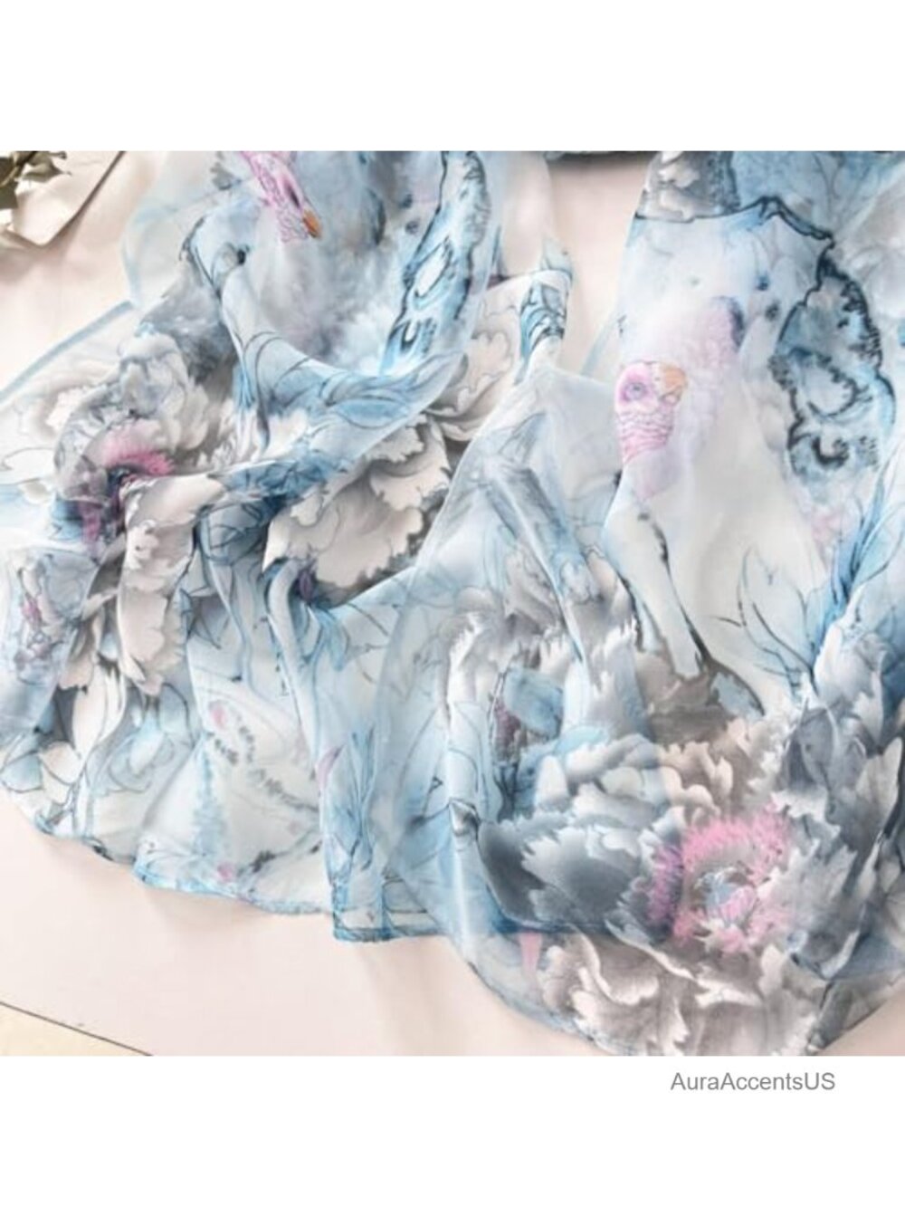 Women's Polyester Silk Feeling Floral Sheer Scarf Lightweight Breathable - Picture 2 of 4